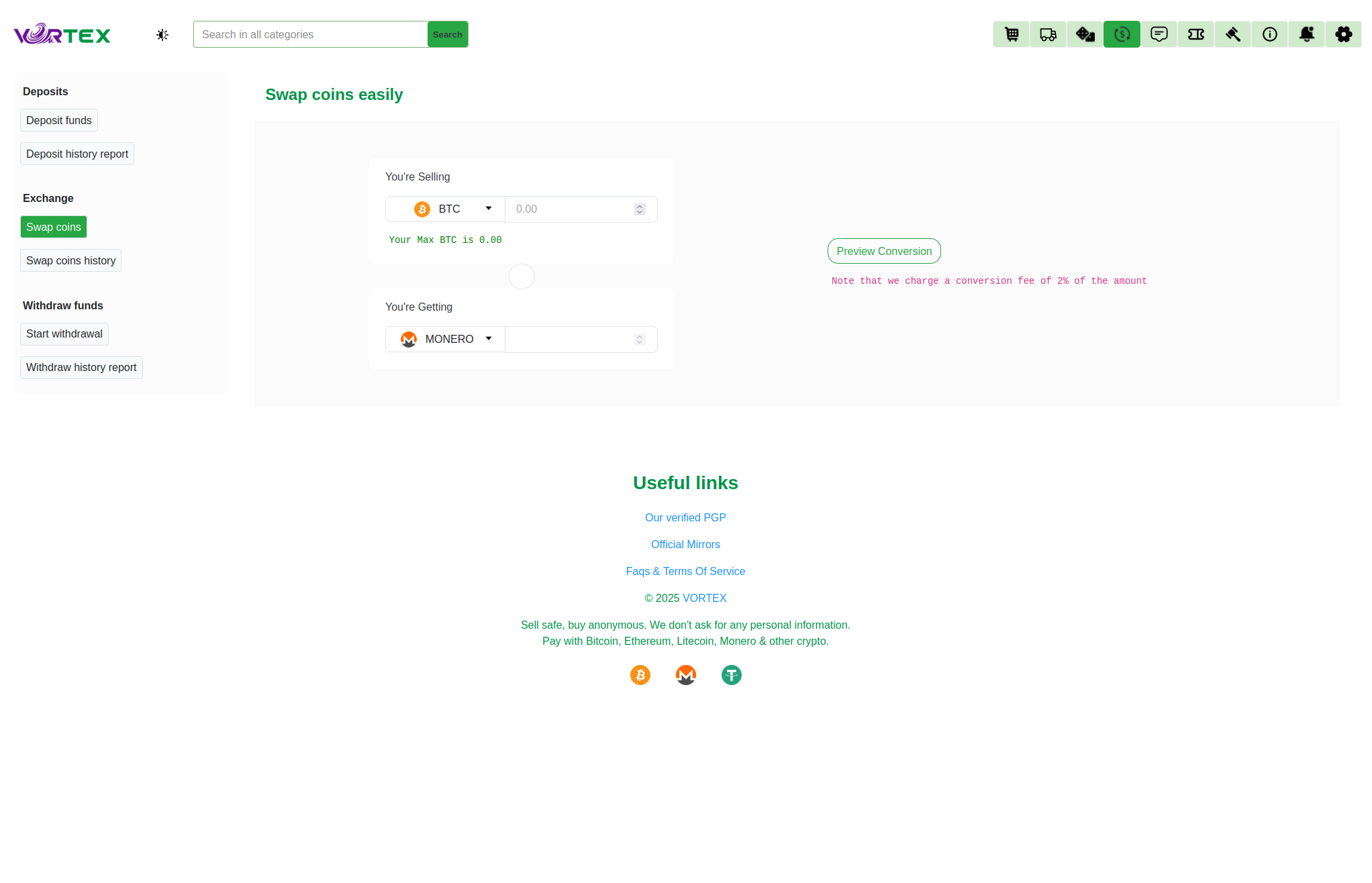 Vortex Market main interface showing dashboard, navigation menu, and featured products section