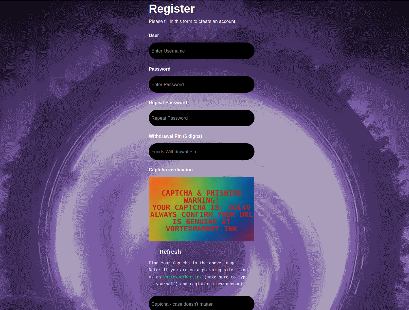 Secure account registration interface with username, password, and PIN fields
